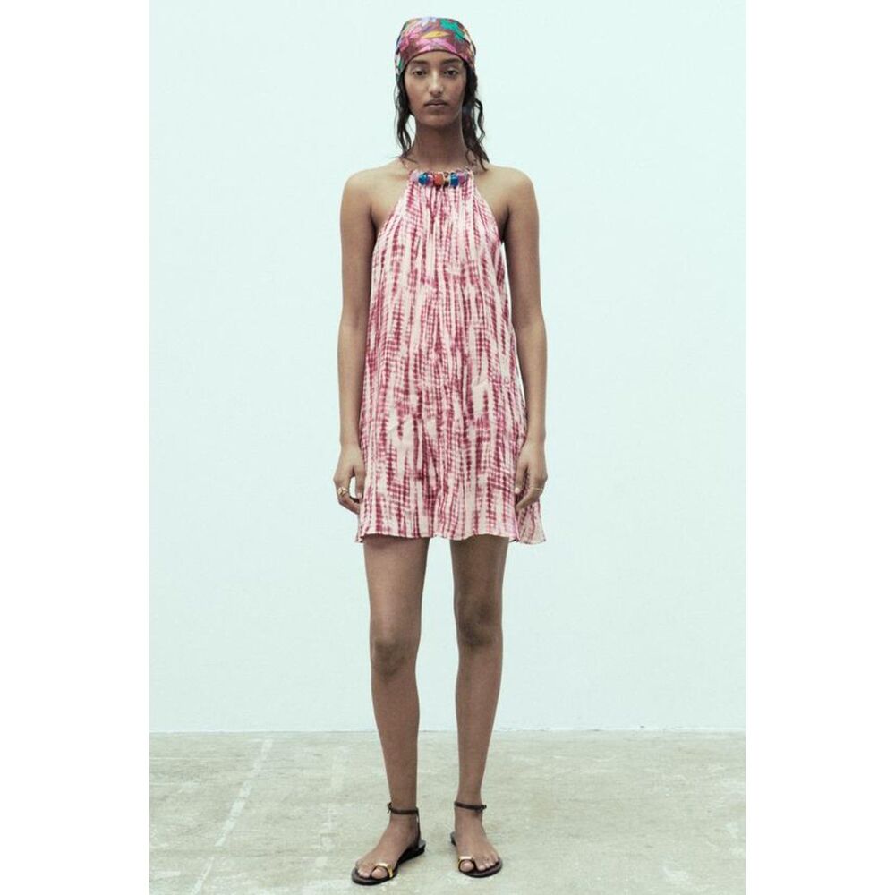 Zara Pink Cream Tie Dye Print Jewel Embellished Halter Neck Flounce Dress (NWT)